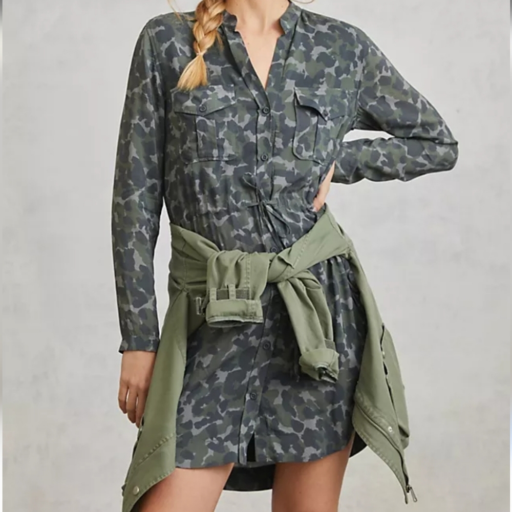 Anthropologie Nina Camo Shirt Dress Size Petite XS Green Gray
